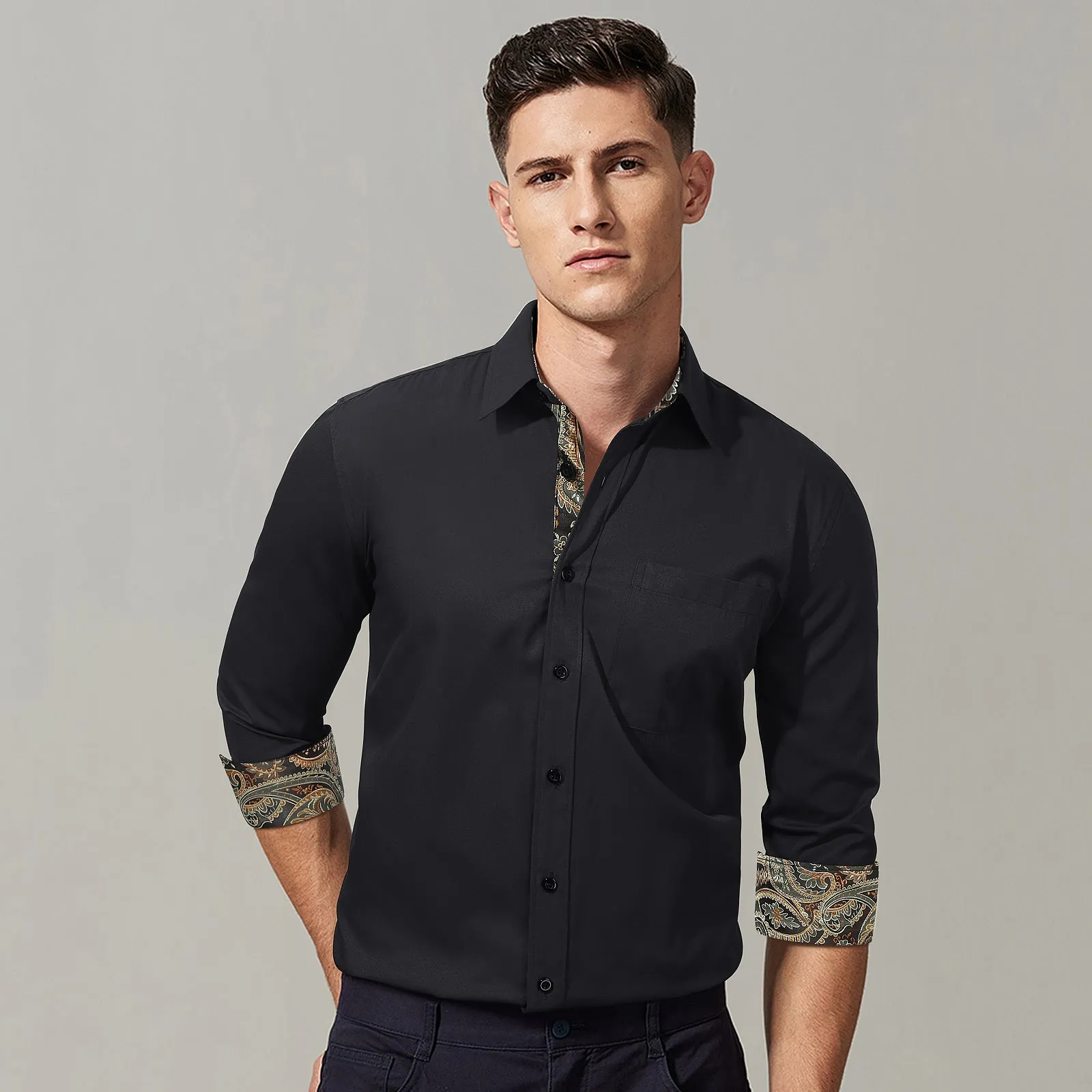 Men's Patchwork Dress Shirt with Pocket - BLACK/GOLD 1