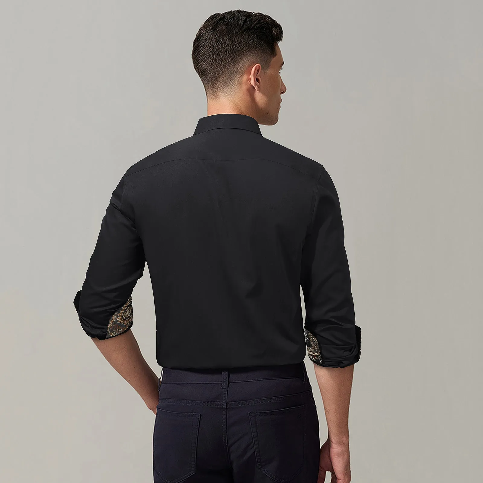 Men's Patchwork Dress Shirt with Pocket - BLACK/GOLD 1