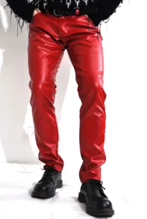 Men's Red Genuine Leather slim fit pants Jeans