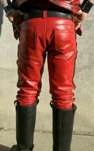 Men's Red Genuine Leather trouser pants