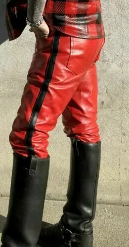 Men's Red Genuine Leather trouser pants