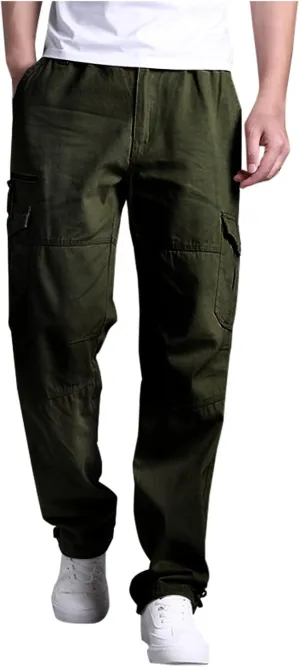 Muscularfit Men's Cargo Pants Big and Tall Cotton Elastic Waist Multi Pockets Straight Trousers Casual Loose Solid Sweatpants
