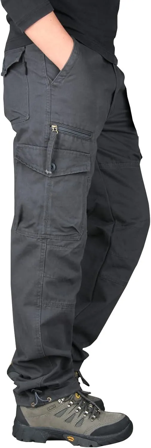 Muscularfit Men's Cargo Pants Big and Tall Cotton Elastic Waist Multi Pockets Straight Trousers Casual Loose Solid Sweatpants