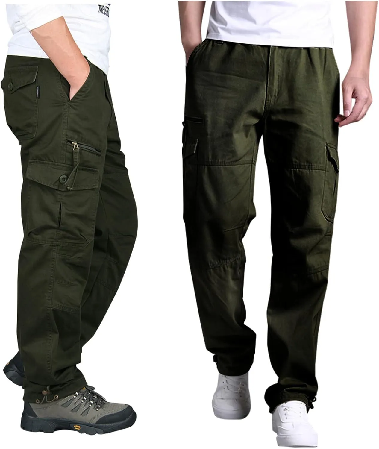 Muscularfit Men's Cargo Pants Big and Tall Cotton Elastic Waist Multi Pockets Straight Trousers Casual Loose Solid Sweatpants