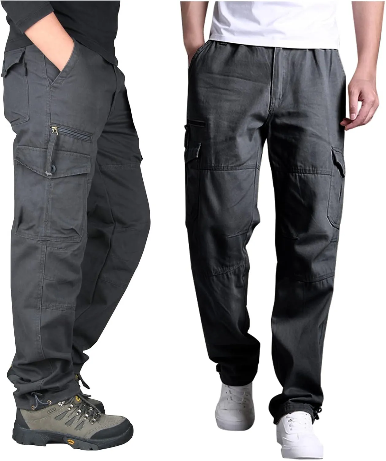 Muscularfit Men's Cargo Pants Big and Tall Cotton Elastic Waist Multi Pockets Straight Trousers Casual Loose Solid Sweatpants