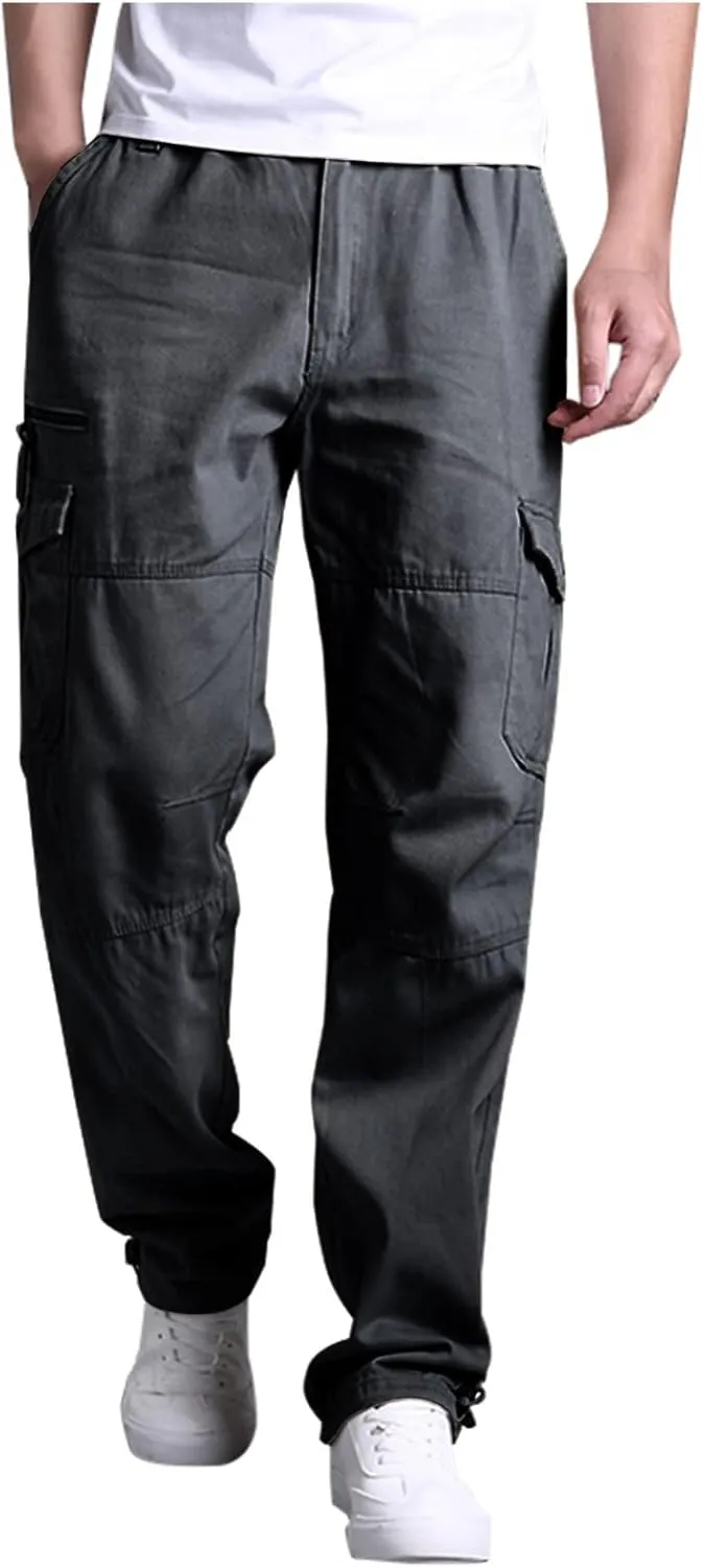 Muscularfit Men's Cargo Pants Big and Tall Cotton Elastic Waist Multi Pockets Straight Trousers Casual Loose Solid Sweatpants