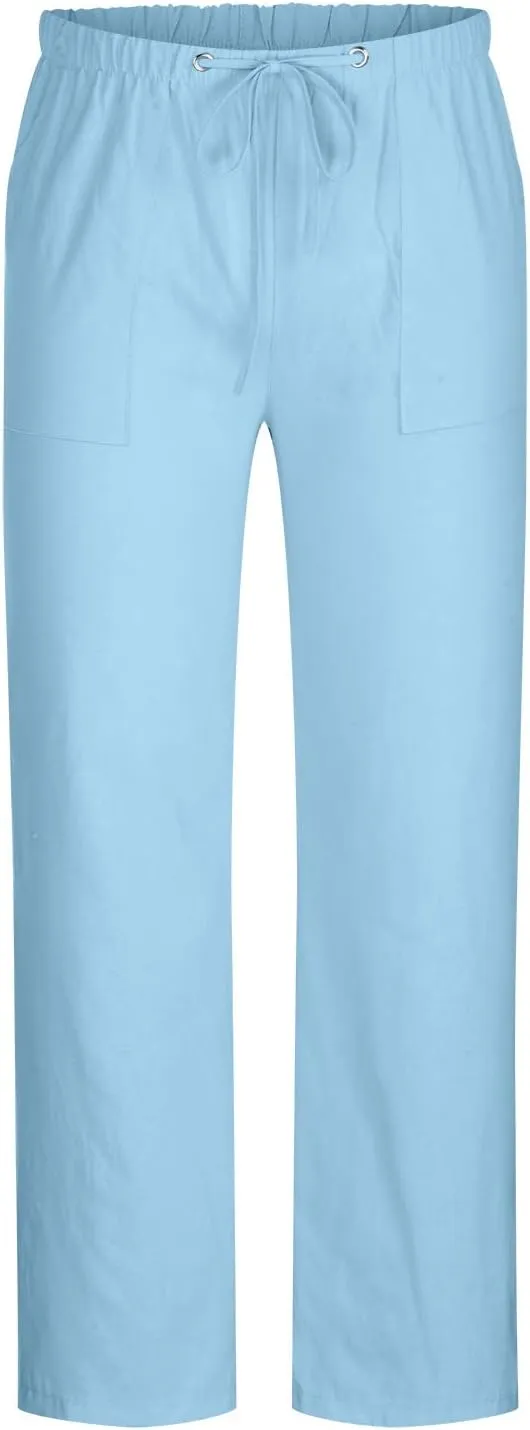 Muscularfit Mens Linen Pants Casual Elastic Waist Solid Straight Legs Big and Tall Drawstring Trousers Loose Fit Work Pant