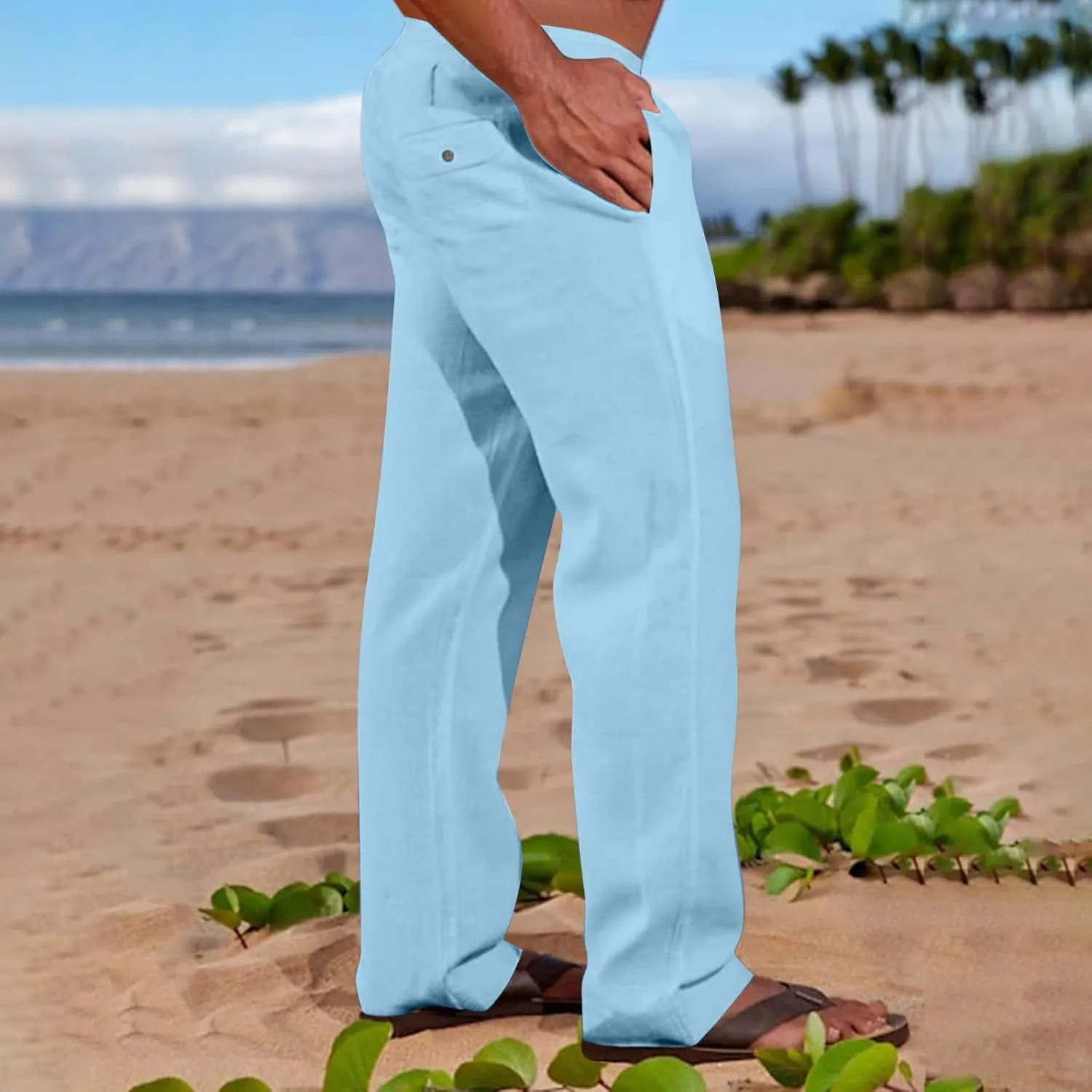 Muscularfit Mens Linen Pants Casual Elastic Waist Solid Straight Legs Big and Tall Drawstring Trousers Loose Fit Work Pant