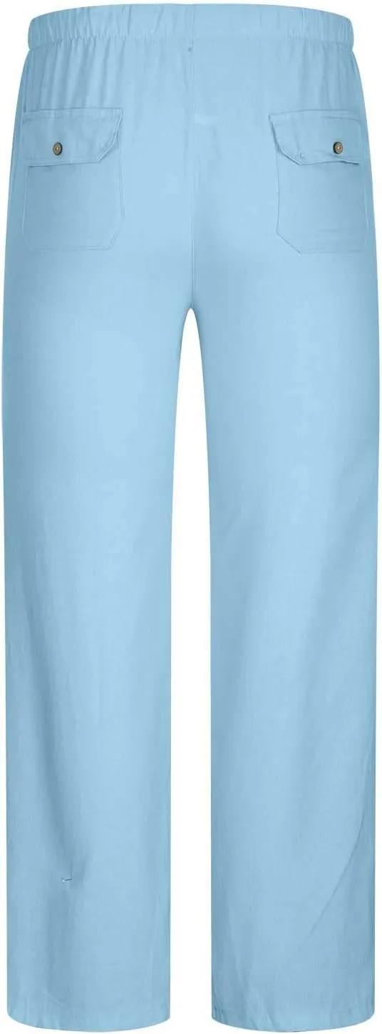 Muscularfit Mens Linen Pants Casual Elastic Waist Solid Straight Legs Big and Tall Drawstring Trousers Loose Fit Work Pant