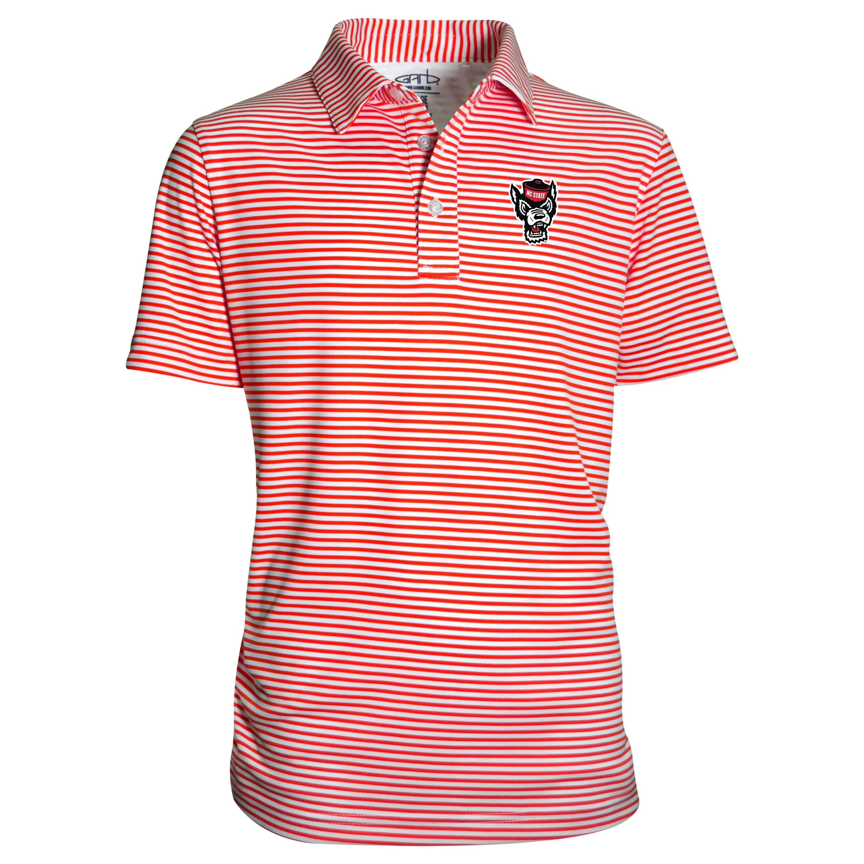 NC State Wolfpack Youth Red and White Striped Wolfhead Carson Polo