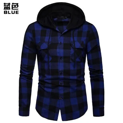 New 2021 Shirt Men Spring Hot Sale Quality Plaid Shirts Hooded Outwear Long Sleeve Casual Male Chemise Homme EU Size S-XXL