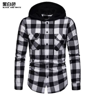 New 2021 Shirt Men Spring Hot Sale Quality Plaid Shirts Hooded Outwear Long Sleeve Casual Male Chemise Homme EU Size S-XXL
