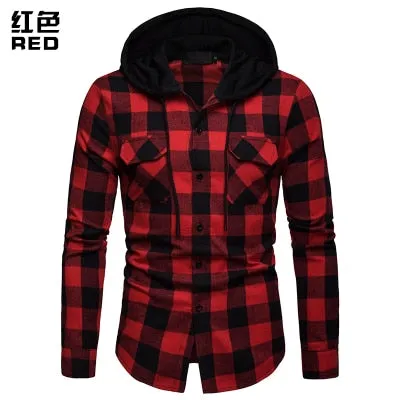 New 2021 Shirt Men Spring Hot Sale Quality Plaid Shirts Hooded Outwear Long Sleeve Casual Male Chemise Homme EU Size S-XXL