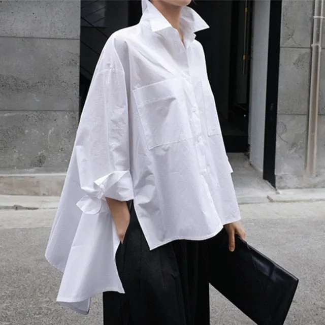 New Lapel Long Sleeve White Back Long Loose Big Size Irregular Shirt