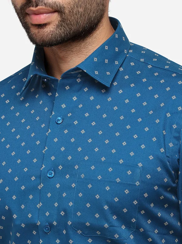 Olympic Blue Printed Regular Fit Formal Shirt | Greenfibre