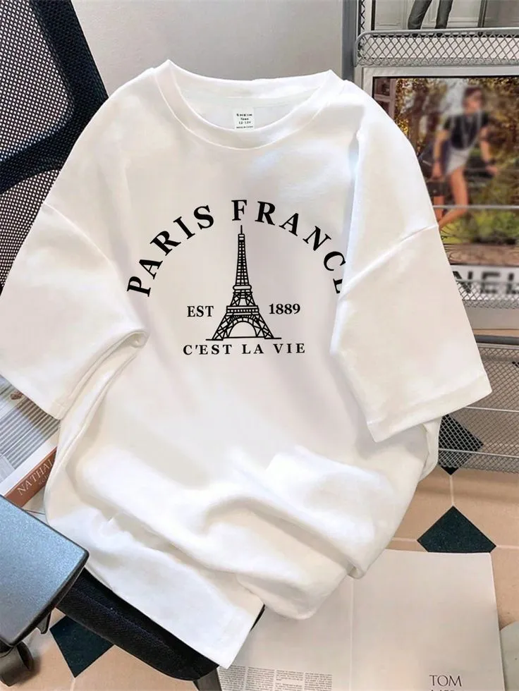 Oversize "PARIS" Eiffel Tower Print White Round Neck Short Sleeve Loose T-Shirt For Women, Suitable For Paris Sports Season