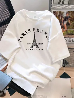 Oversize "PARIS" Eiffel Tower Print White Round Neck Short Sleeve Loose T-Shirt For Women, Suitable For Paris Sports Season
