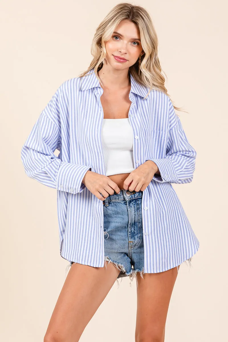 Oversized Long Sleeve Button Up Striped Shirts