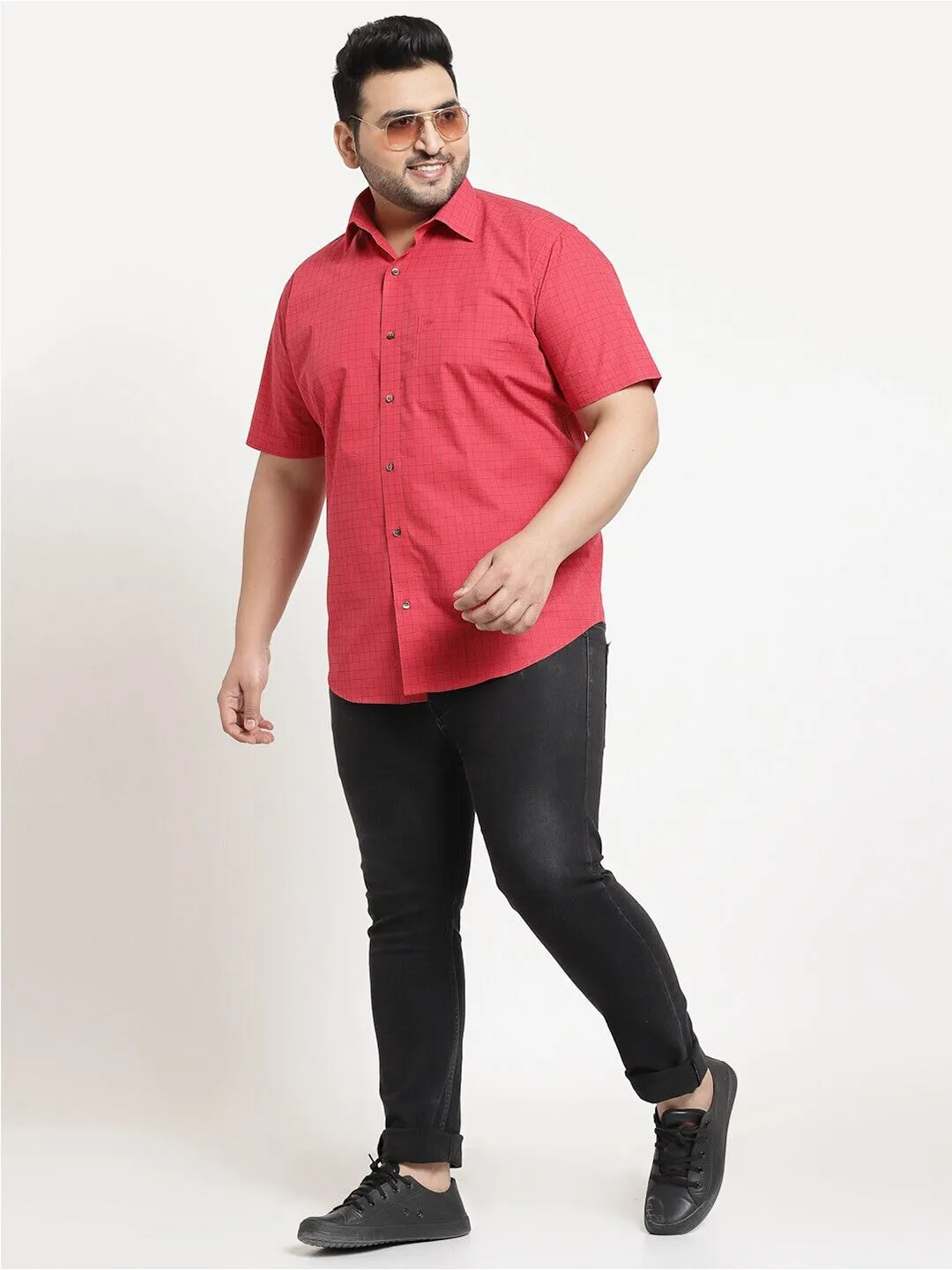 plusS Men Plus Size Red Checked Casual Shirt