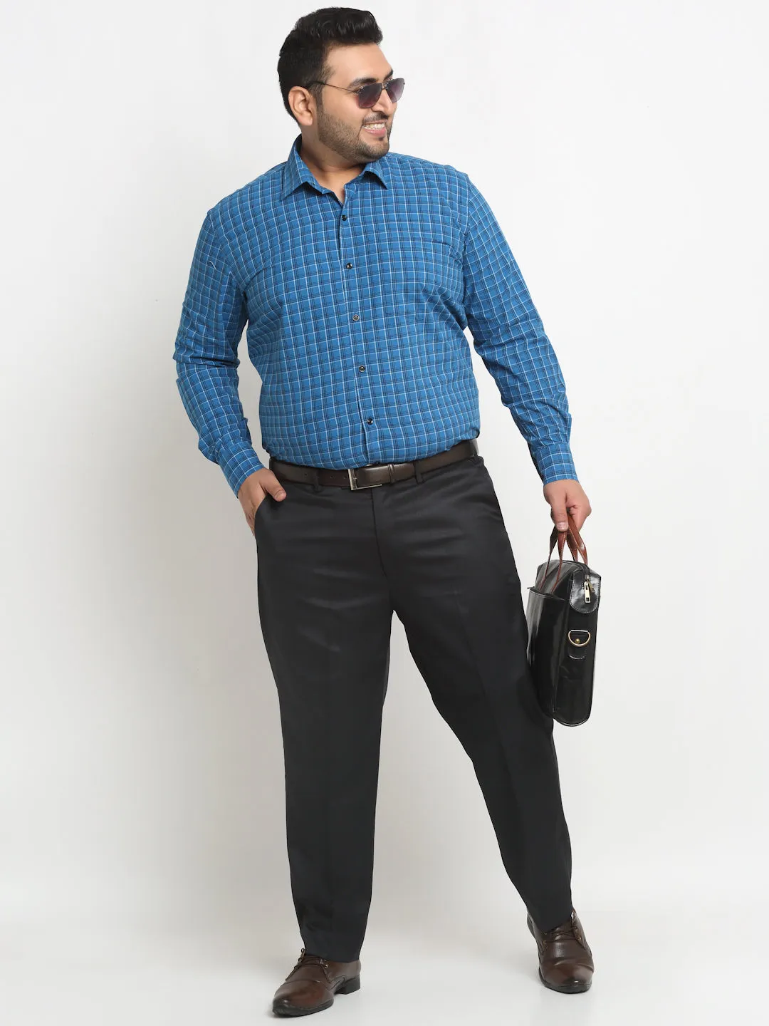 plusS Plus Size Blue Grid Tattersall Checked Opaque Formal Shirt