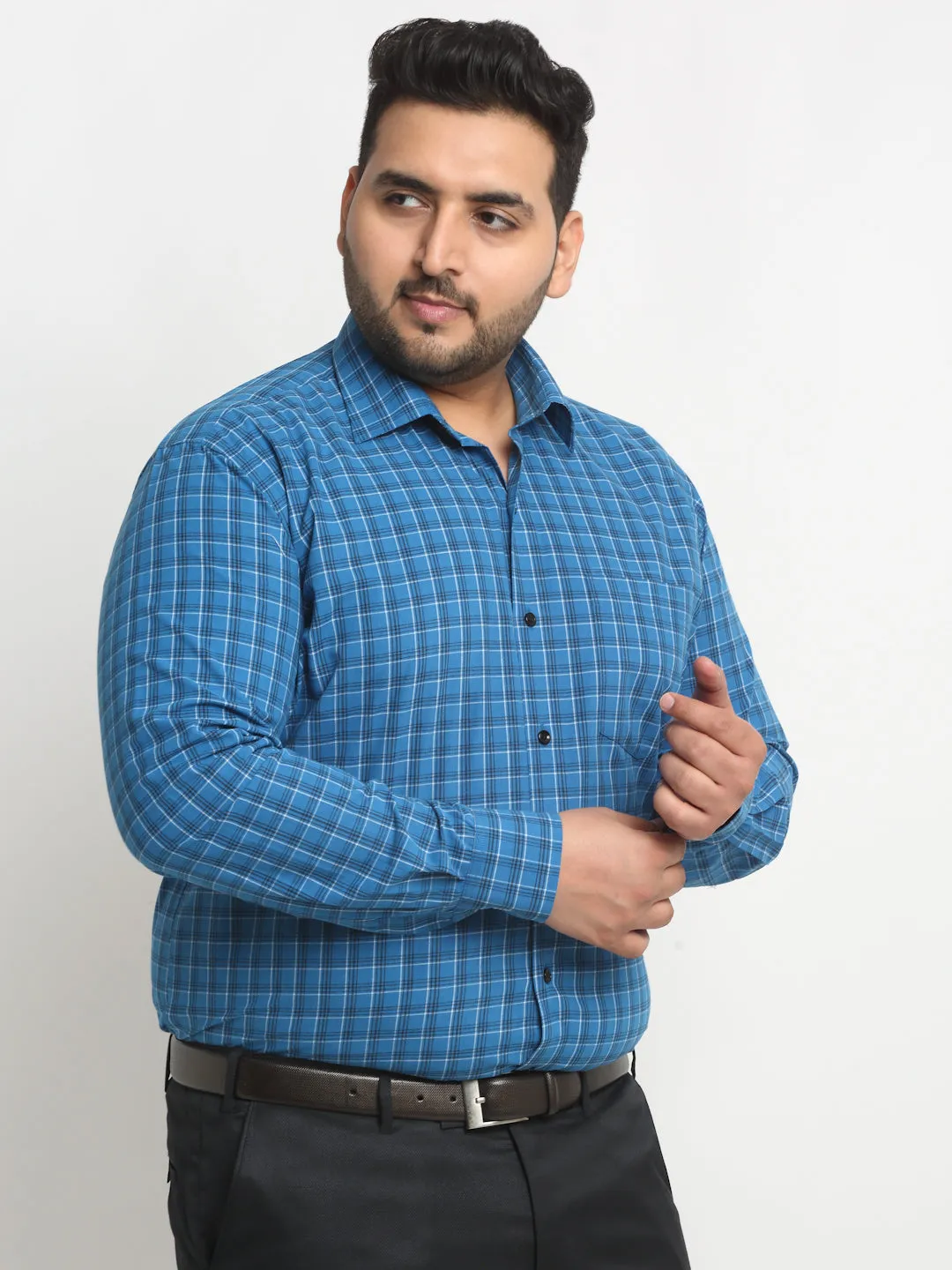 plusS Plus Size Blue Grid Tattersall Checked Opaque Formal Shirt