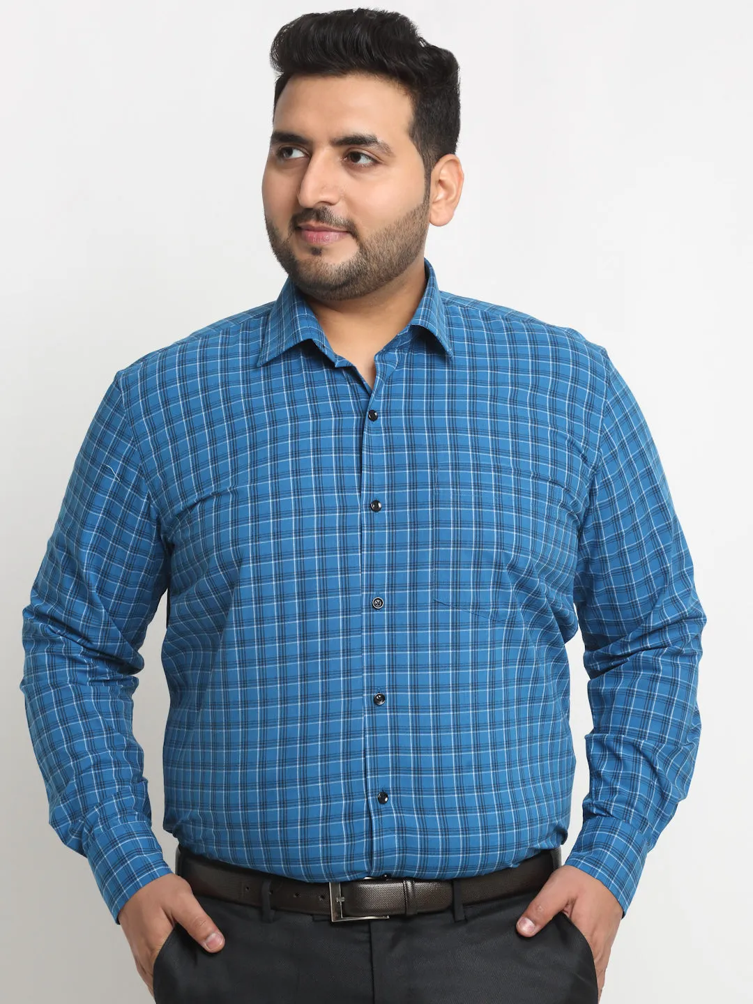 plusS Plus Size Blue Grid Tattersall Checked Opaque Formal Shirt