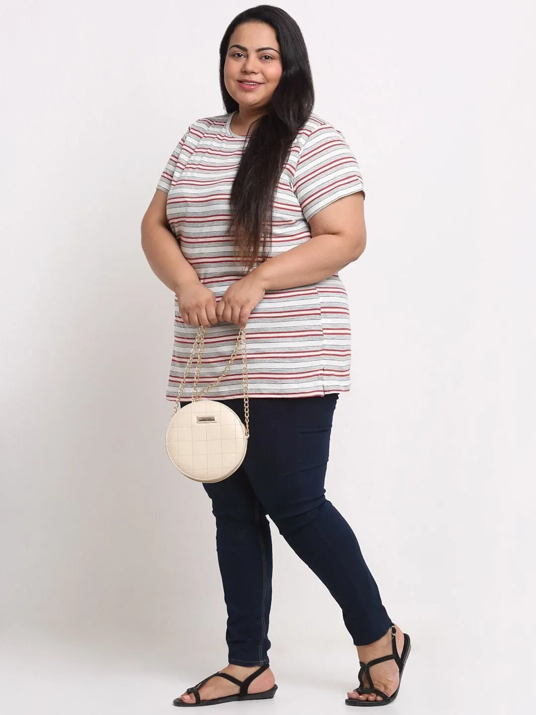 plusS Women Plus Size Grey Striped T-shirt
