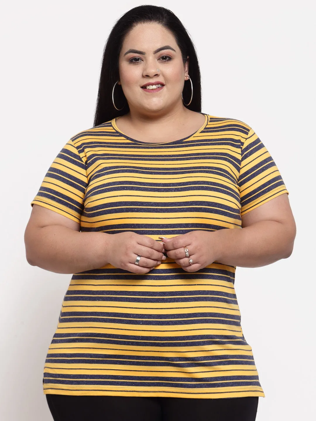 plusS Women Plus Size Yellow  Blue Striped Cotton T-shirt