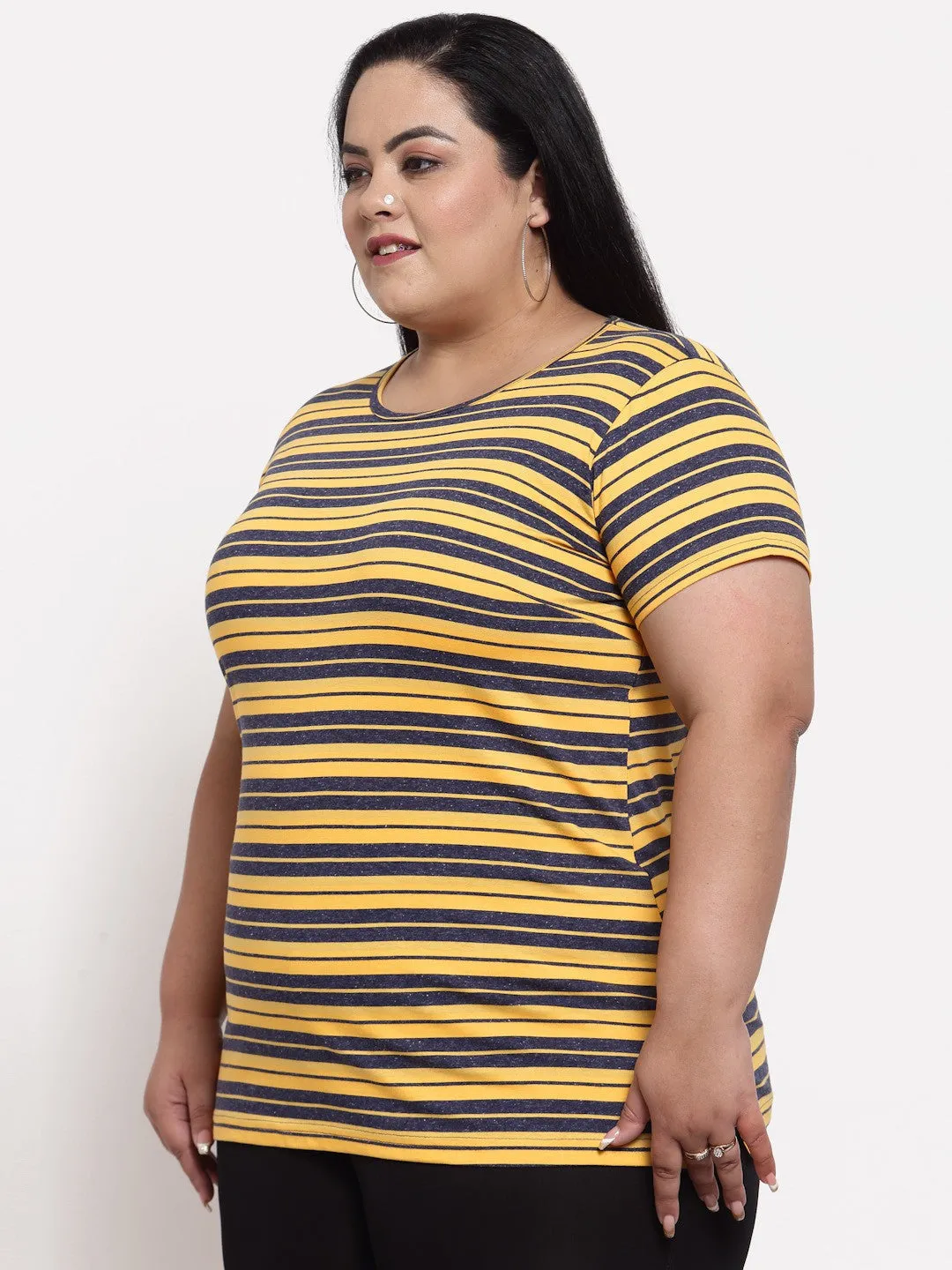 plusS Women Plus Size Yellow  Blue Striped Cotton T-shirt
