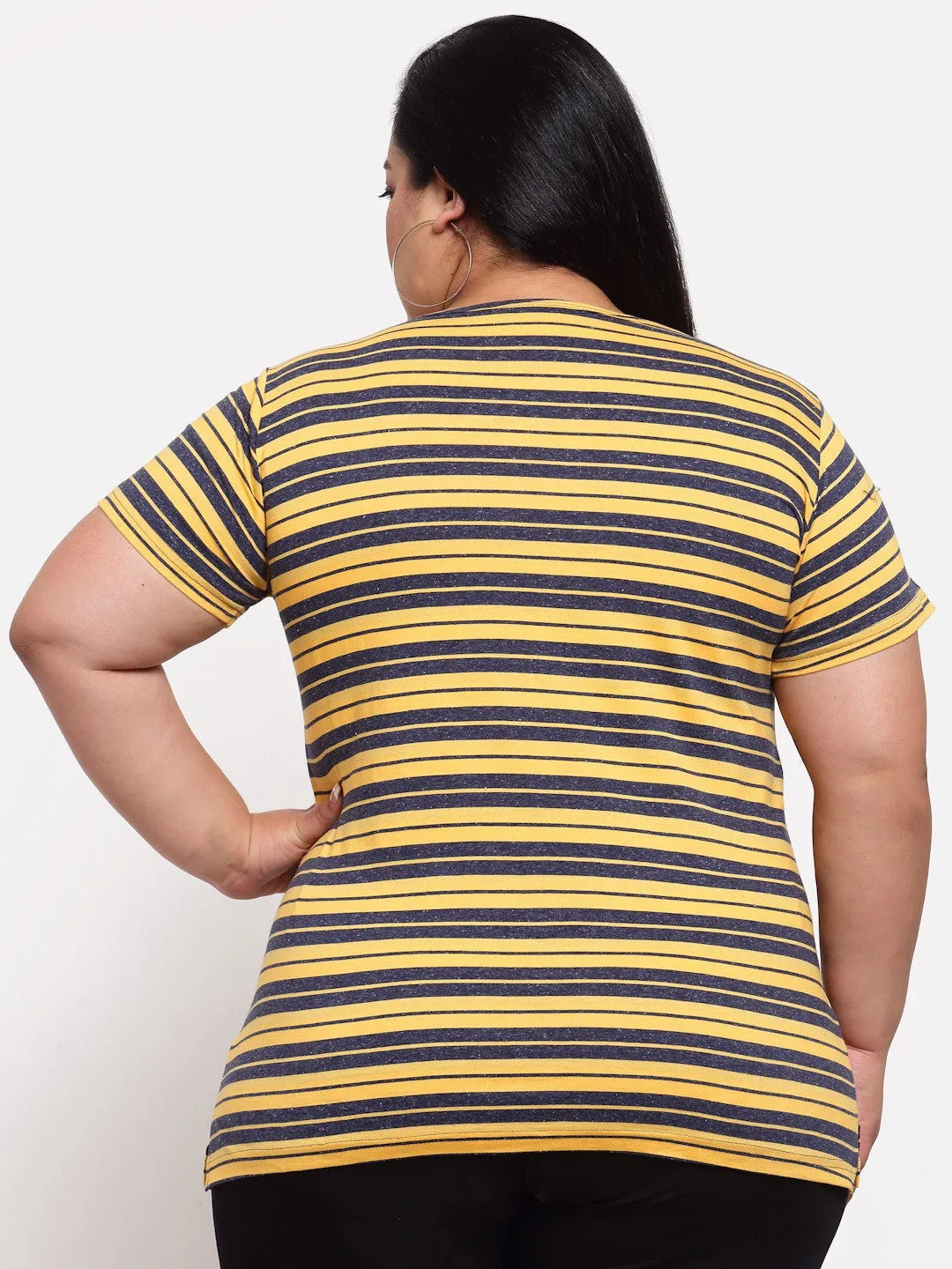 plusS Women Plus Size Yellow  Blue Striped Cotton T-shirt