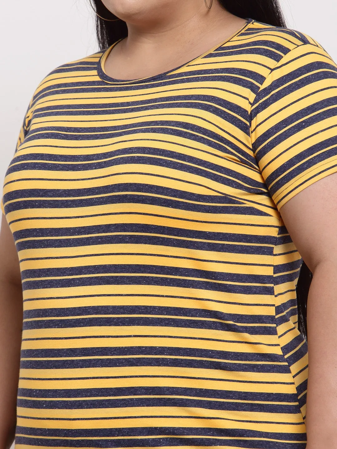 plusS Women Plus Size Yellow  Blue Striped Cotton T-shirt