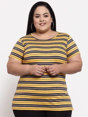 plusS Women Plus Size Yellow  Blue Striped Cotton T-shirt