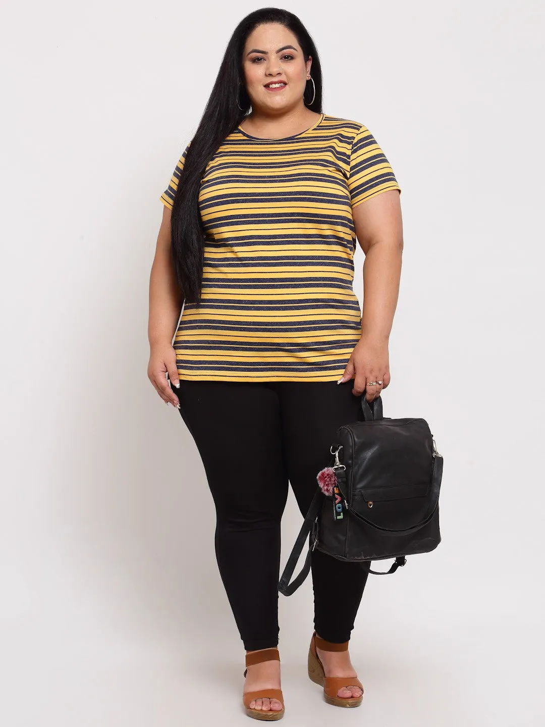 plusS Women Plus Size Yellow  Blue Striped Cotton T-shirt