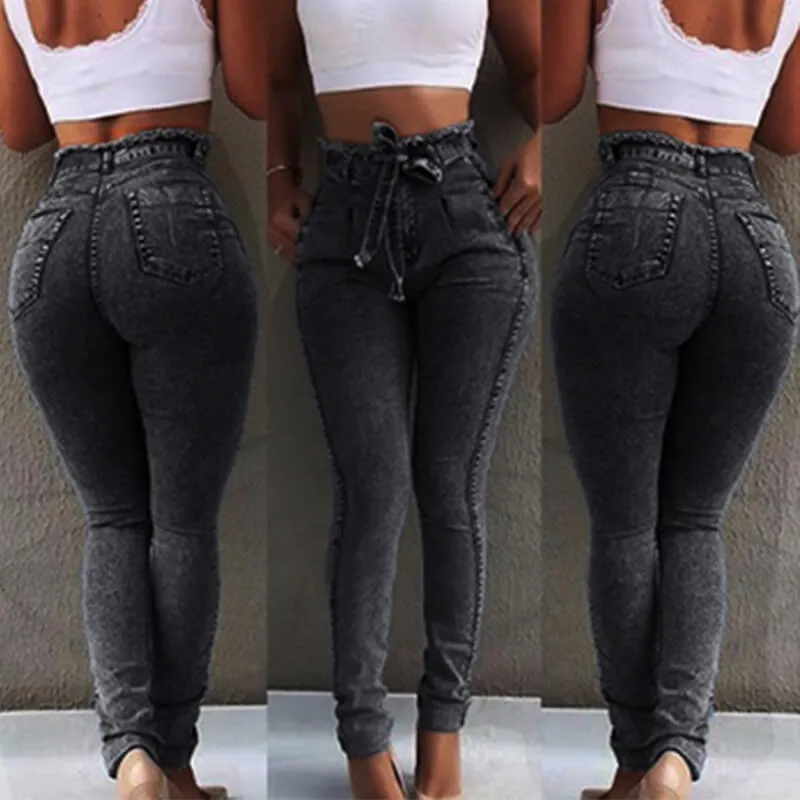 Sexy High Waist Stretch Belt Skinny Denim Pants