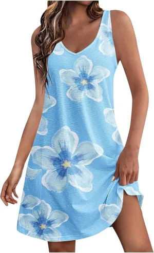 Sleeveless Summer Dresses for Women Aline Mini Dress Swing Dress Floral Printed Casual Dress Vacation Beach Dress