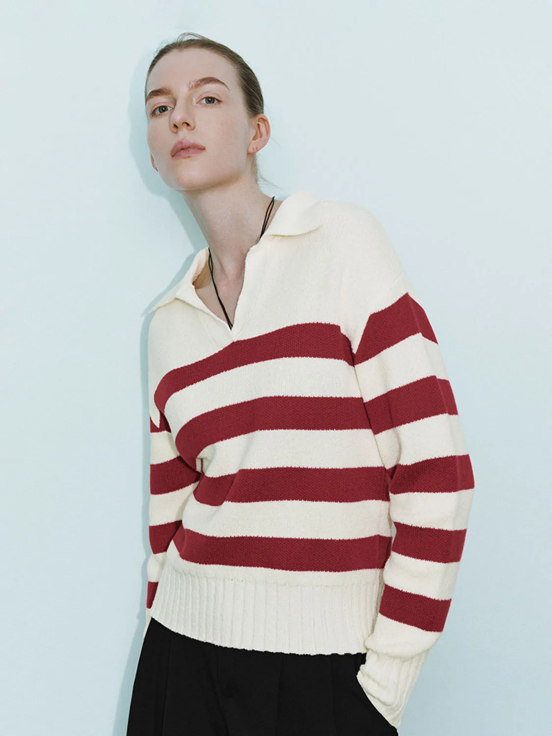 Striped Lapel Knitted T-Shirts
