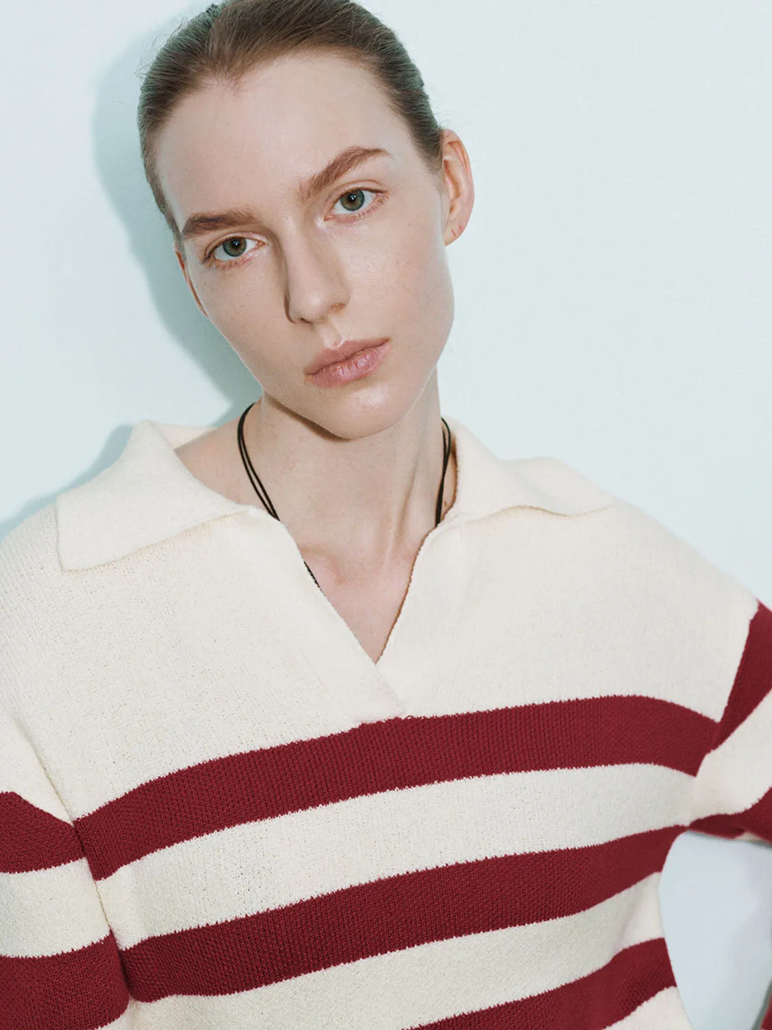 Striped Lapel Knitted T-Shirts