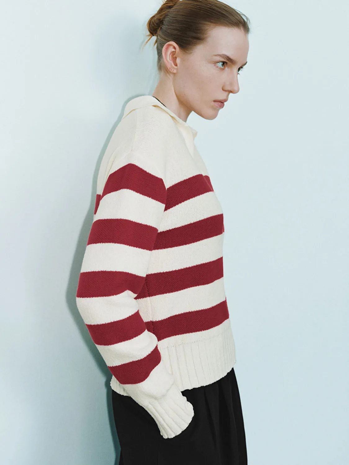 Striped Lapel Knitted T-Shirts