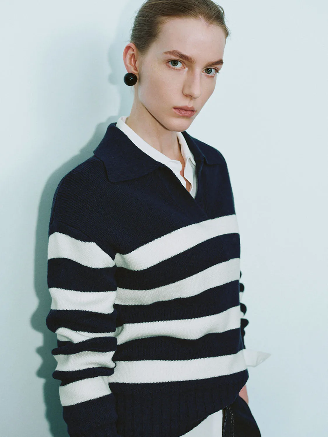Striped Lapel Knitted T-Shirts