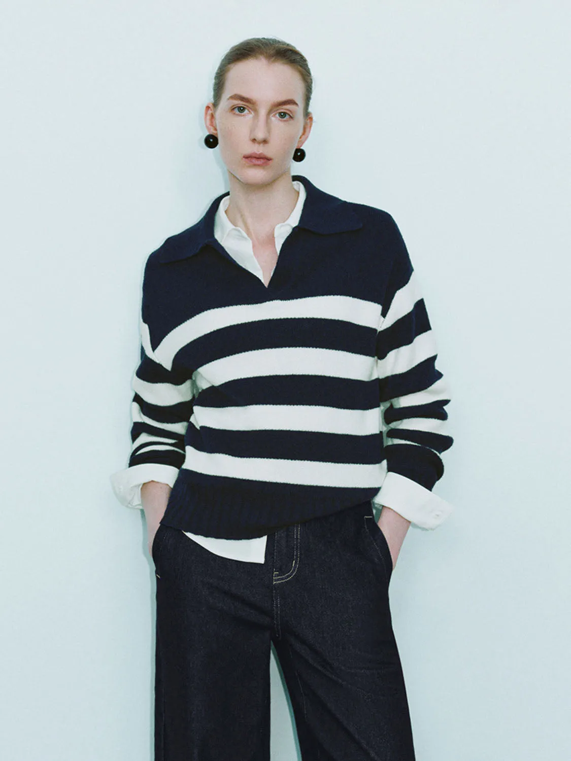 Striped Lapel Knitted T-Shirts