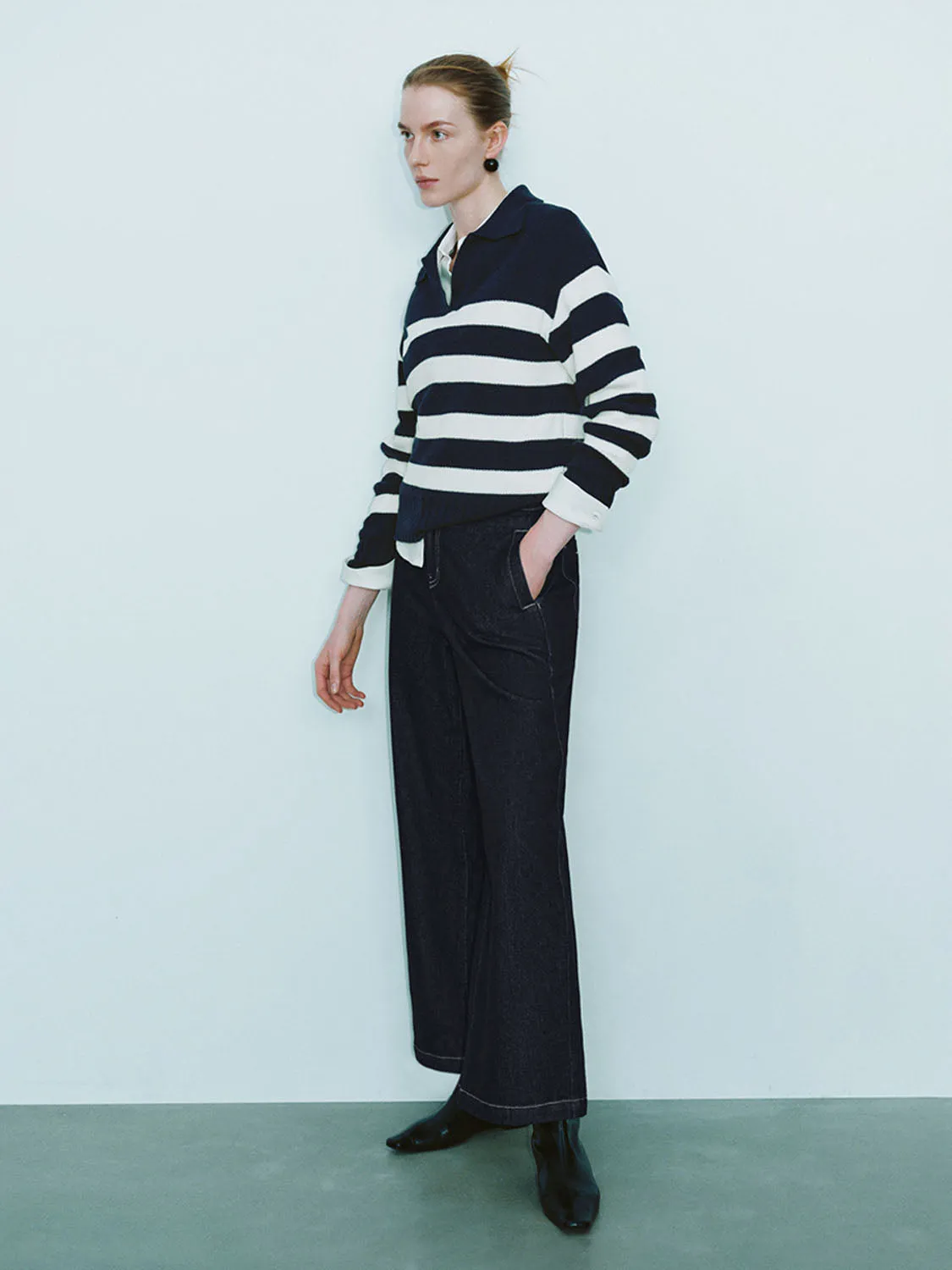 Striped Lapel Knitted T-Shirts