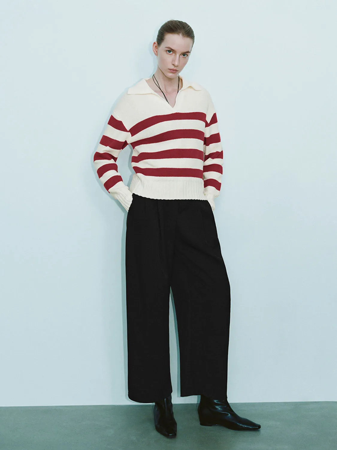 Striped Lapel Knitted T-Shirts