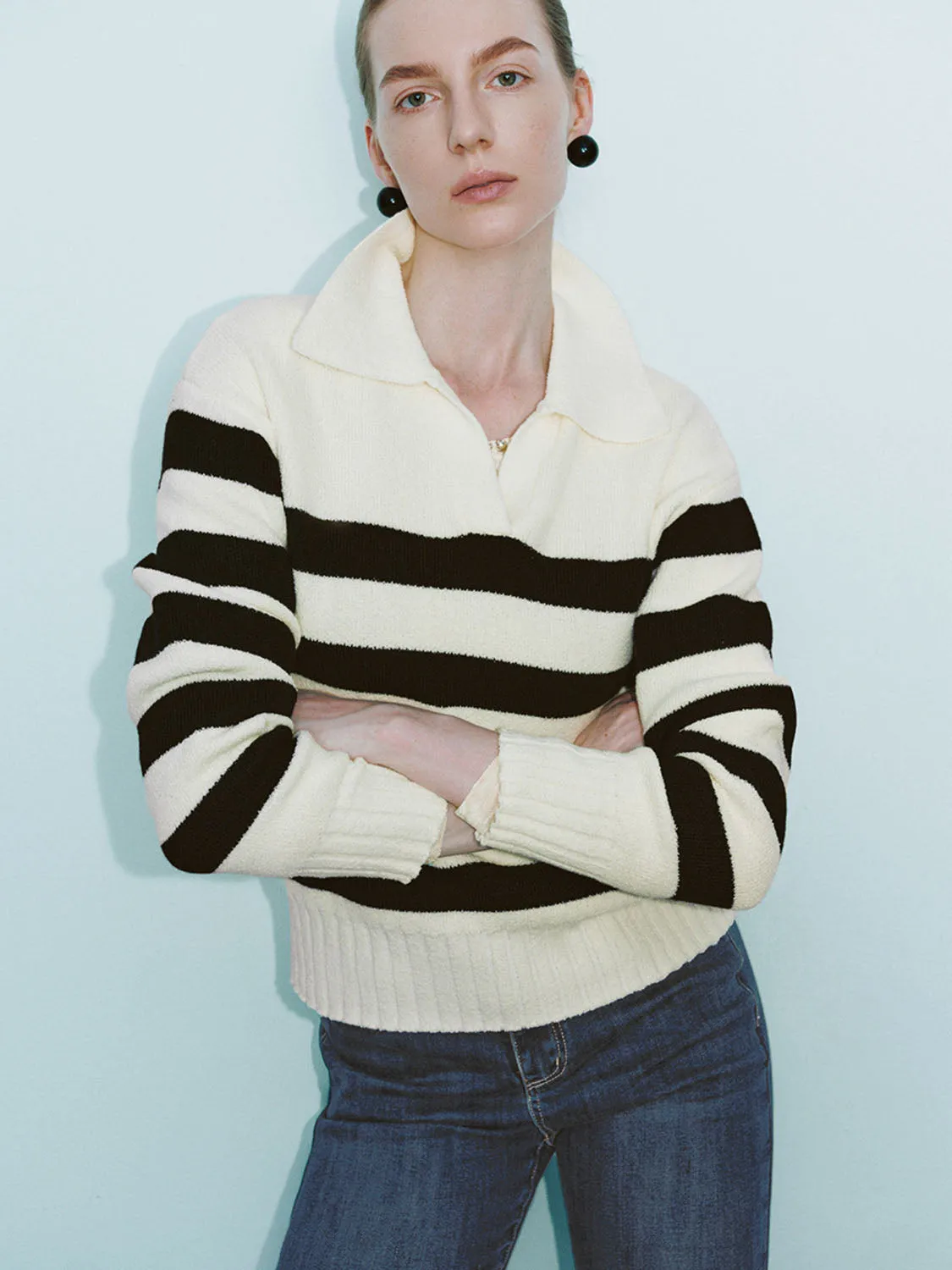 Striped Lapel Knitted T-Shirts
