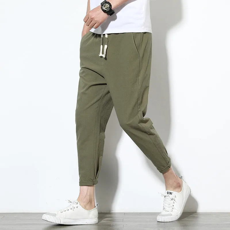 Summer Men Line Ankle-Length Pants Loose Cotton Blend Casual Solid Colored Slim-Fit Pants