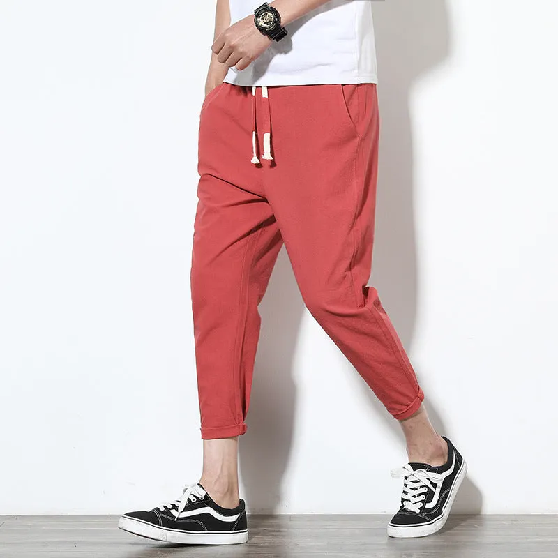 Summer Men Line Ankle-Length Pants Loose Cotton Blend Casual Solid Colored Slim-Fit Pants