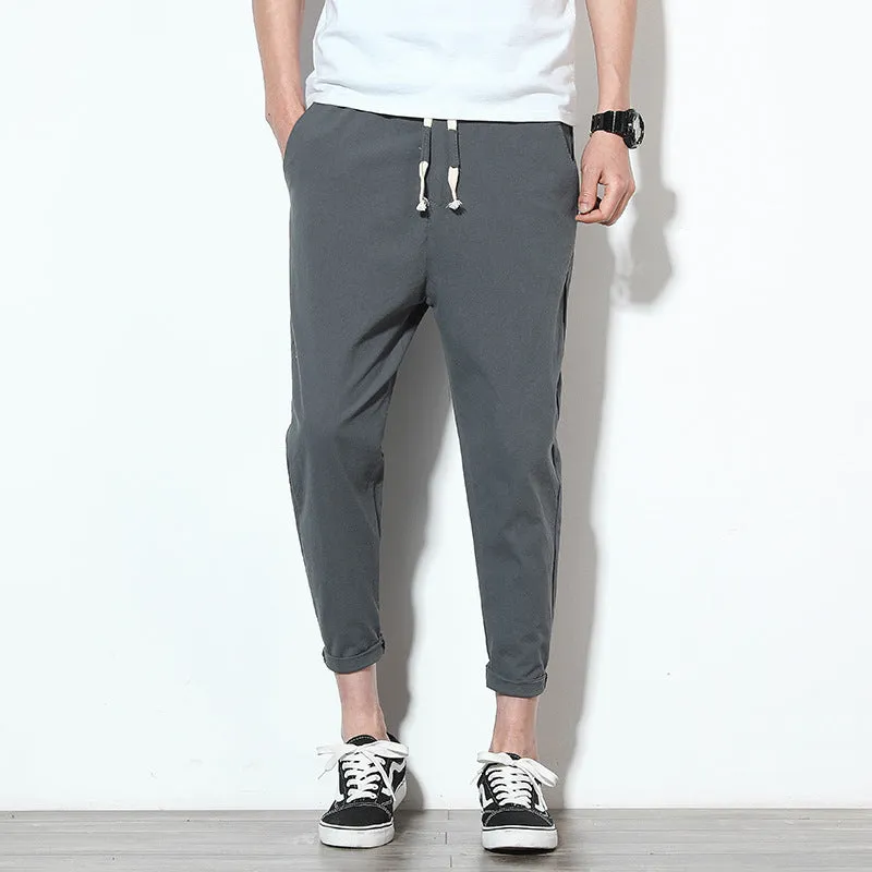 Summer Men Line Ankle-Length Pants Loose Cotton Blend Casual Solid Colored Slim-Fit Pants