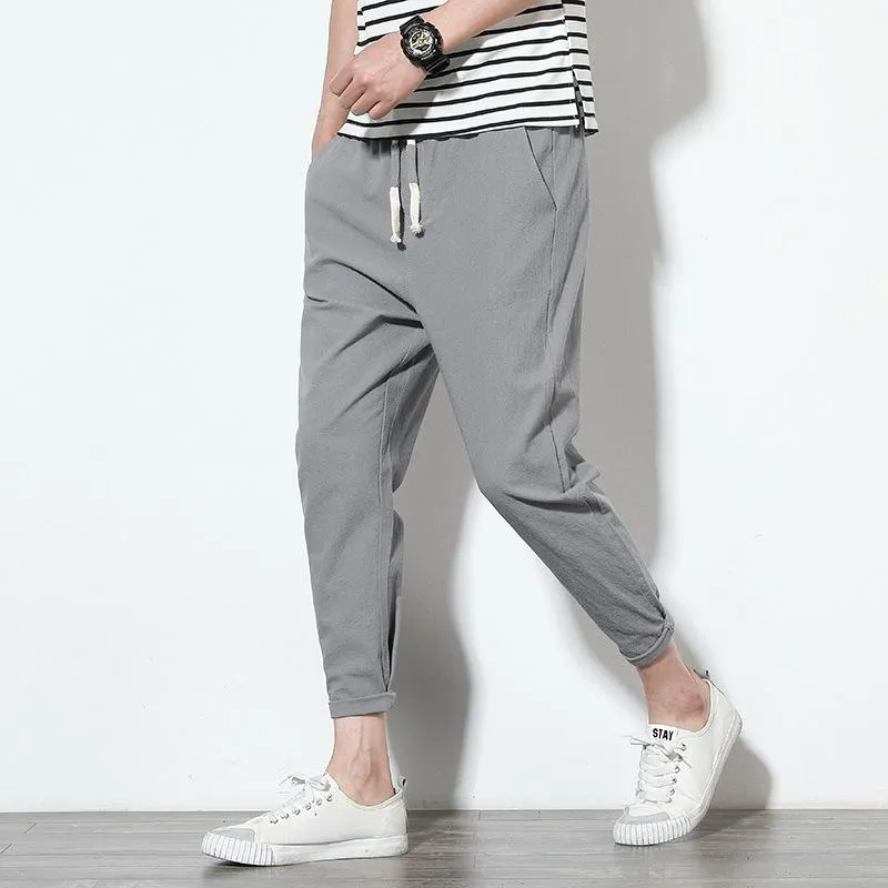 Summer Men Line Ankle-Length Pants Loose Cotton Blend Casual Solid Colored Slim-Fit Pants