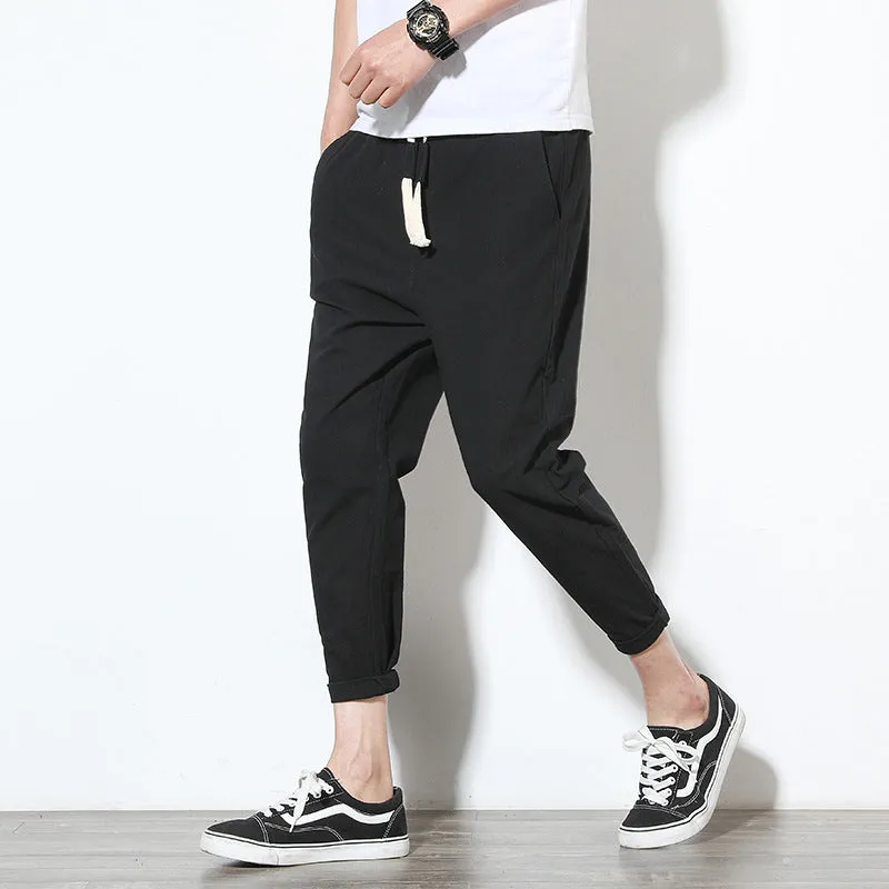 Summer Men Line Ankle-Length Pants Loose Cotton Blend Casual Solid Colored Slim-Fit Pants
