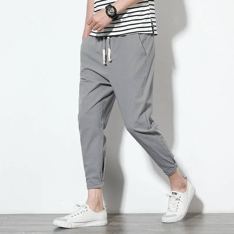 Summer Men Line Ankle-Length Pants Loose Cotton Blend Casual Solid Colored Slim-Fit Pants