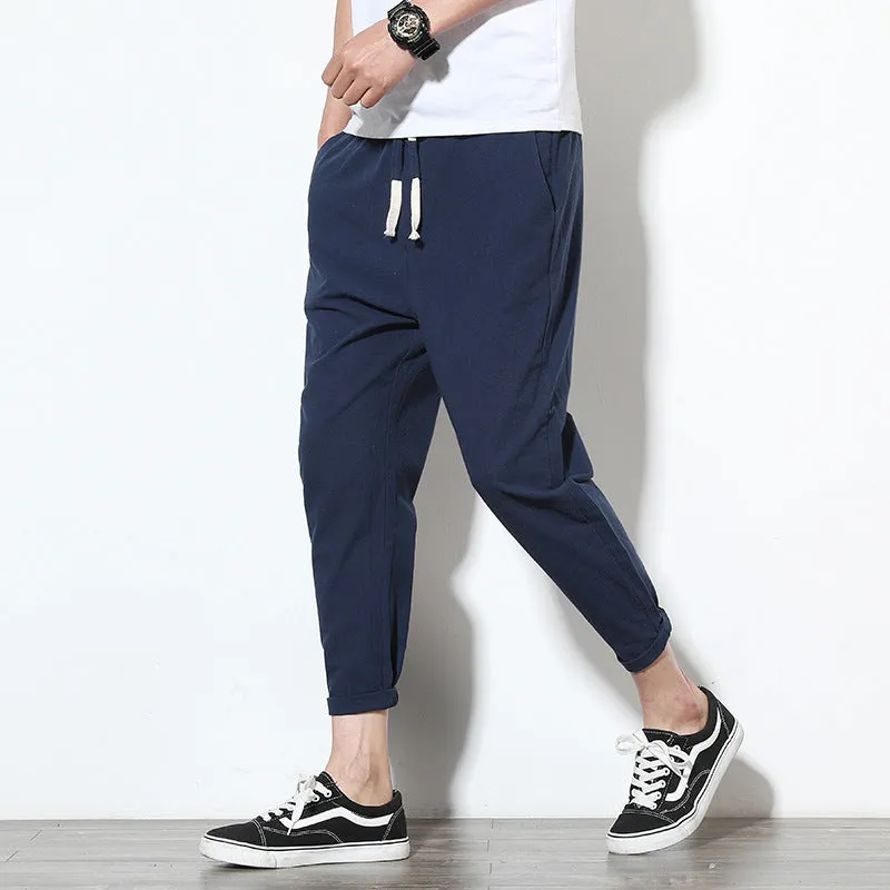 Summer Men Line Ankle-Length Pants Loose Cotton Blend Casual Solid Colored Slim-Fit Pants